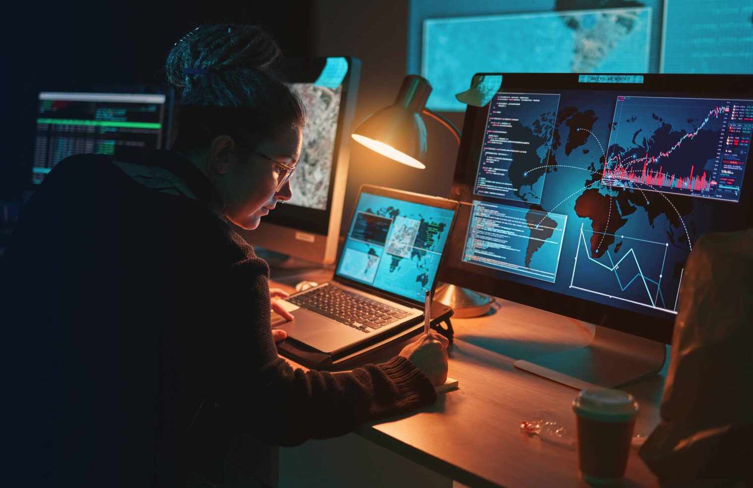 Security professional reviewing systems